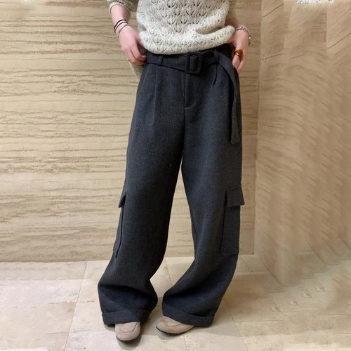 欧货高端定制深灰色毛呢阔腿裤女
