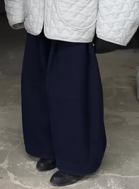 欧货高端定制深蓝色大码阔腿裤女2025冬季新款加厚慵懒风弯刀裤子