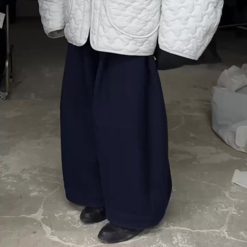 欧货高端定制深蓝色大码阔腿裤女