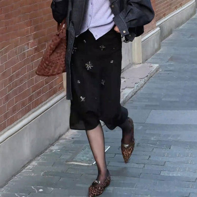 高端亮丝黑色大码开叉半身纱裙