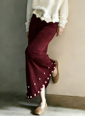 高端定制红色丝绒大码半身裙女2025冬季新款加厚花边钉珠A字长裙