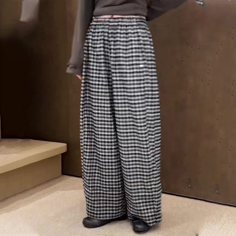 货高端定制黑色大码格子阔腿裤女