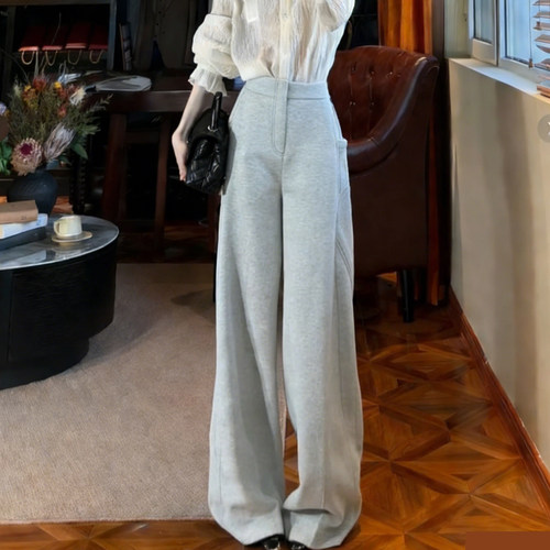高端定制浅灰色毛呢大码阔腿裤女