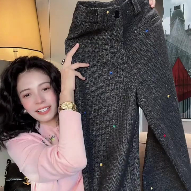 灰色高腰毛呢裤女2025年秋季新款