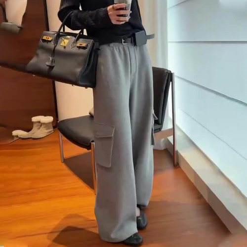 欧货高端定制浅灰色大码阔腿裤女