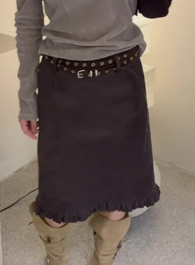 欧货高端定制棕色木耳边大码半身裙女2025冬季新款加厚小众A字裙