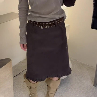 加厚小众A字裙 新款 欧货高端定制棕色木耳边大码 半身裙女2025冬季