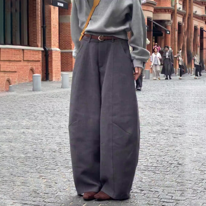 欧货高端定制灰色毛呢阔腿西裤女
