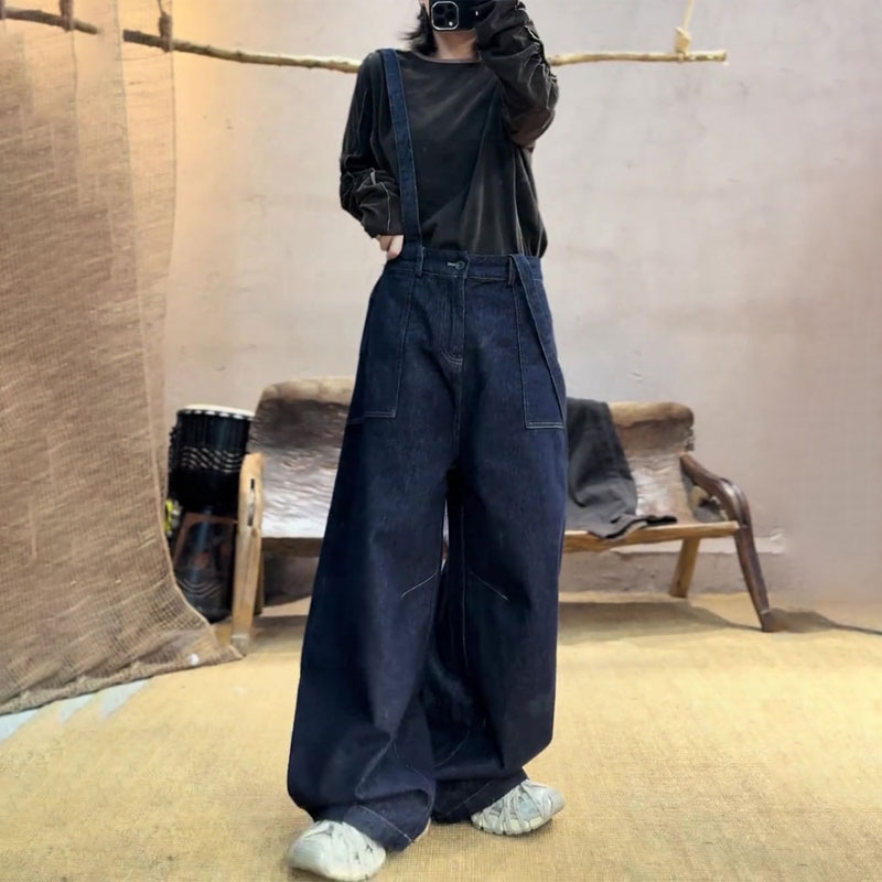 欧货高端定制藏蓝色大码棉麻背带裤女2025秋季新款复古减龄阔腿裤