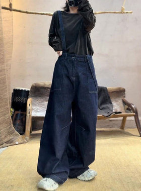 欧货高端定制藏蓝色大码棉麻背带裤女2025秋季新款复古减龄阔腿裤