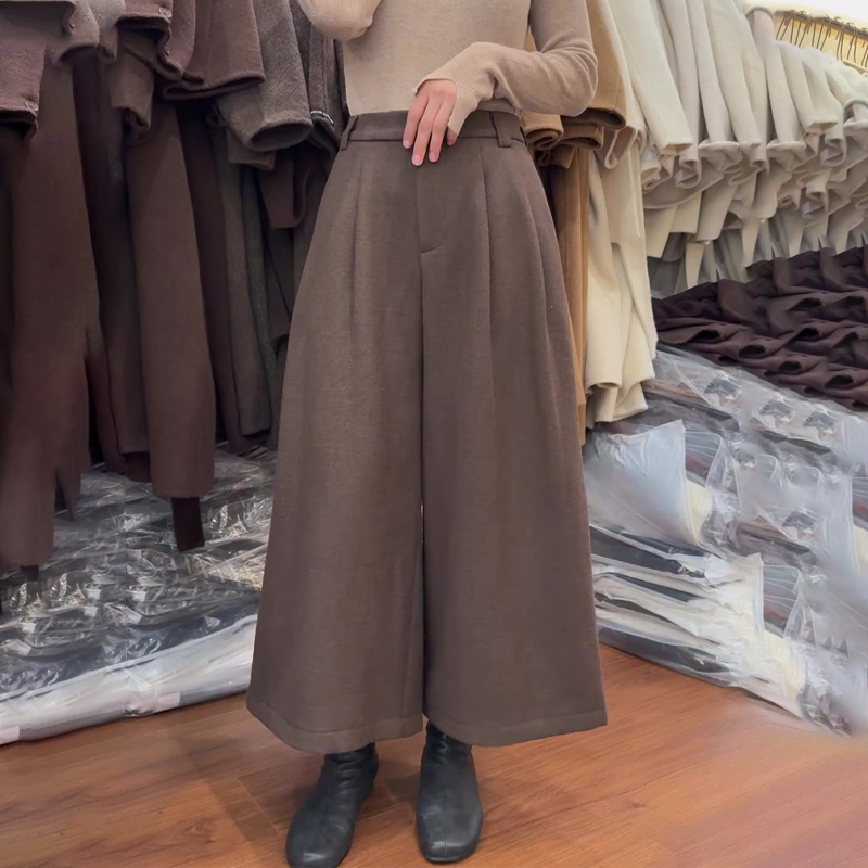 欧货高端定制咖色毛呢大码阔腿裤