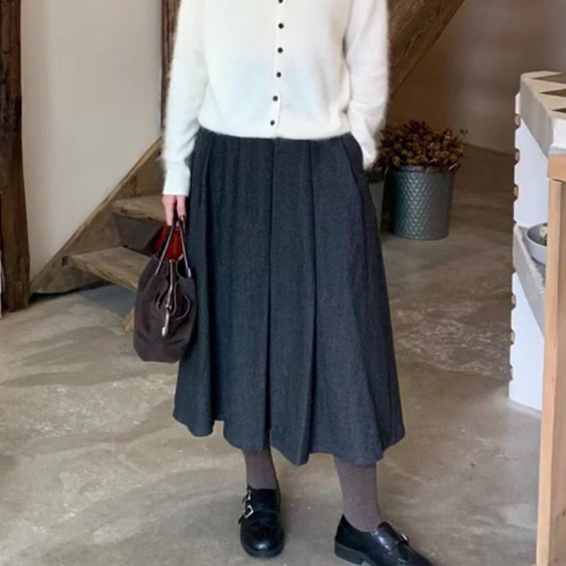 高端定制深灰色毛呢大码半身裙女