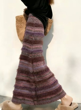 欧货高端定制紫色毛绒大码半身裙女2026早春新款条纹轻熟A字裙子