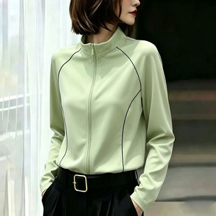 欧货高端浅薄荷绿立领大码上衣女2026早秋新款撞色线条拉链小衫