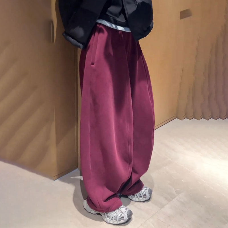 欧货高端定制酒红色大码阔腿裤女2025冬季加厚慵懒休闲宽松弯刀裤,女装/女士精品,大码裤装,淘宝优惠券,粉丝福利购,淘宝优惠卷