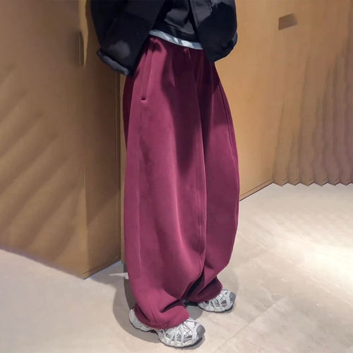 欧货高端定制酒红色大码阔腿裤女