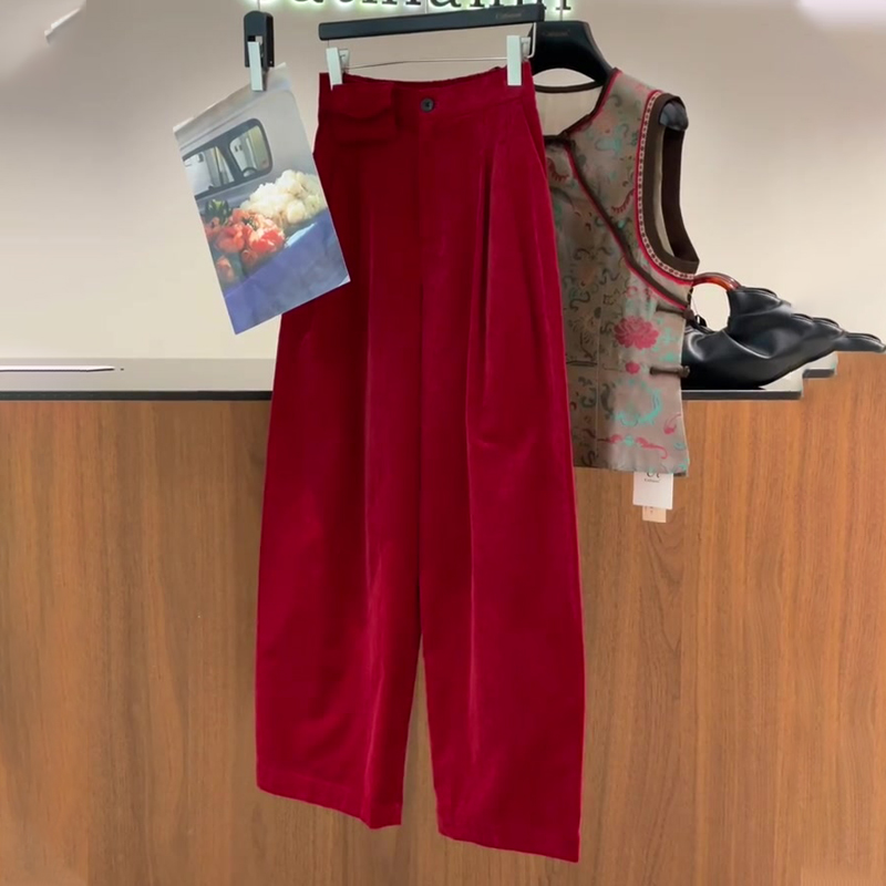 欧货高端定制红色大码阔腿西装裤女2025秋季新款复古垂感休闲裤子
