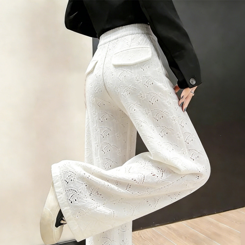欧货高端定制白色镂空大码阔腿裤女2026早春新款高腰休闲直筒裤子,女装/女士精品,大码裤装,淘宝优惠券,粉丝福利购,淘宝优惠卷