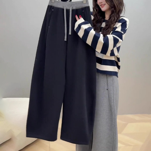 高端定制藏青色大码阔腿卫裤女