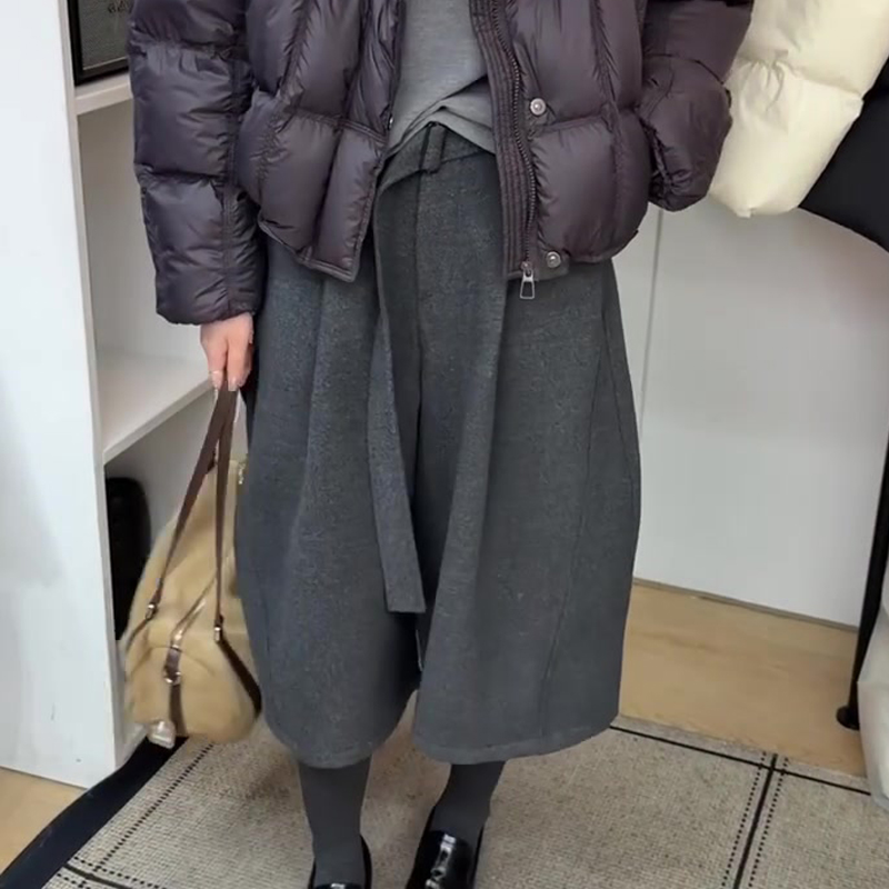 欧货高端定制灰色毛呢大码阔腿裤