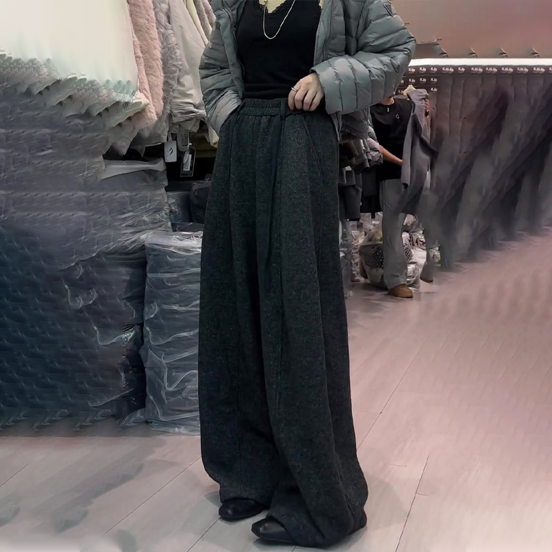 高端定制深灰色毛呢大码阔腿裤女