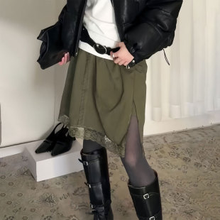新款 加厚A字裙 半身裙女2025冬季 高端定制军绿色蕾丝边侧开叉大码