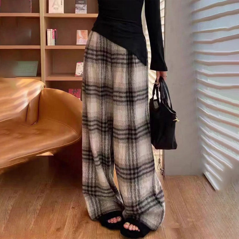 高端定制格纹毛呢大码阔腿裤女