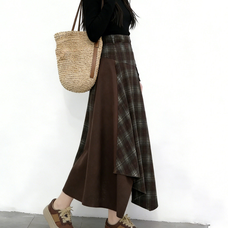 欧货高端定制深棕色毛呢大码半身裙女2026早春新款格纹拼接大摆裙,女装/女士精品,大码半身裙,淘宝优惠券,粉丝福利购,淘宝优惠卷