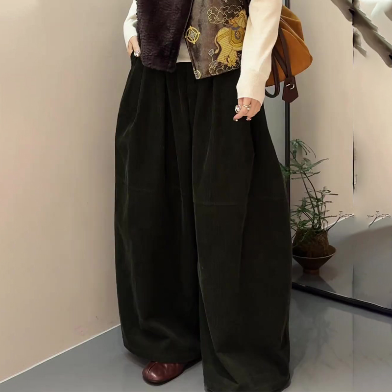 欧货高端橄榄绿色灯芯绒阔腿裤女