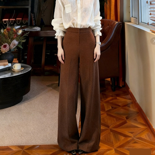 高端定制焦糖色毛呢大码阔腿裤女