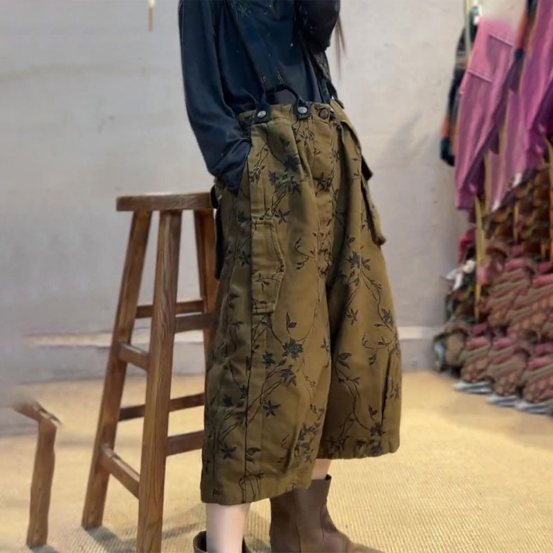 欧货高端定制印花大码棉麻背带裤女2025早秋新款复古小众八分裤