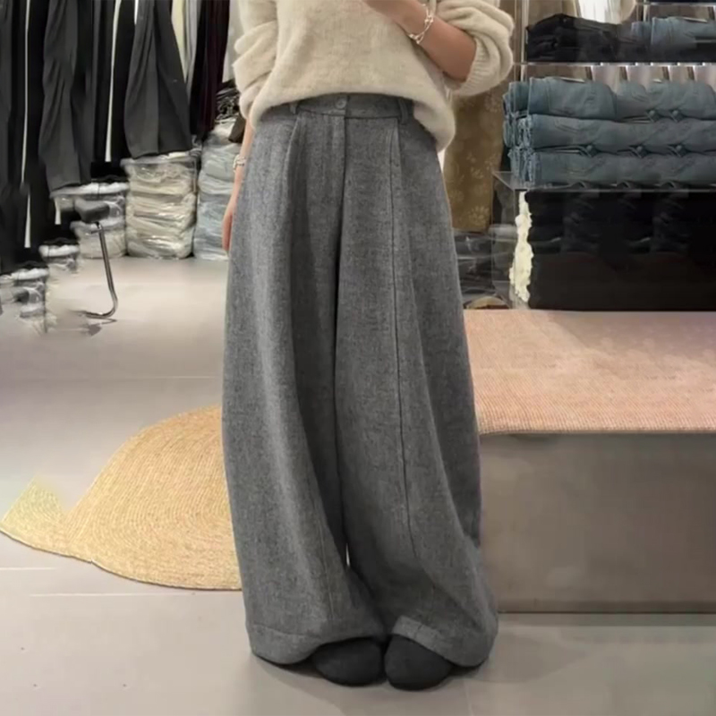 欧货高端定制灰色毛呢大码阔腿裤