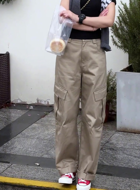 欧货高定卡其色工装裤女2025年秋季新款高腰显瘦遮肉百搭直筒裤子