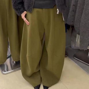 欧货高端定制橄榄绿色大码阔腿裤女2025秋季新款复古垂感休闲裤子