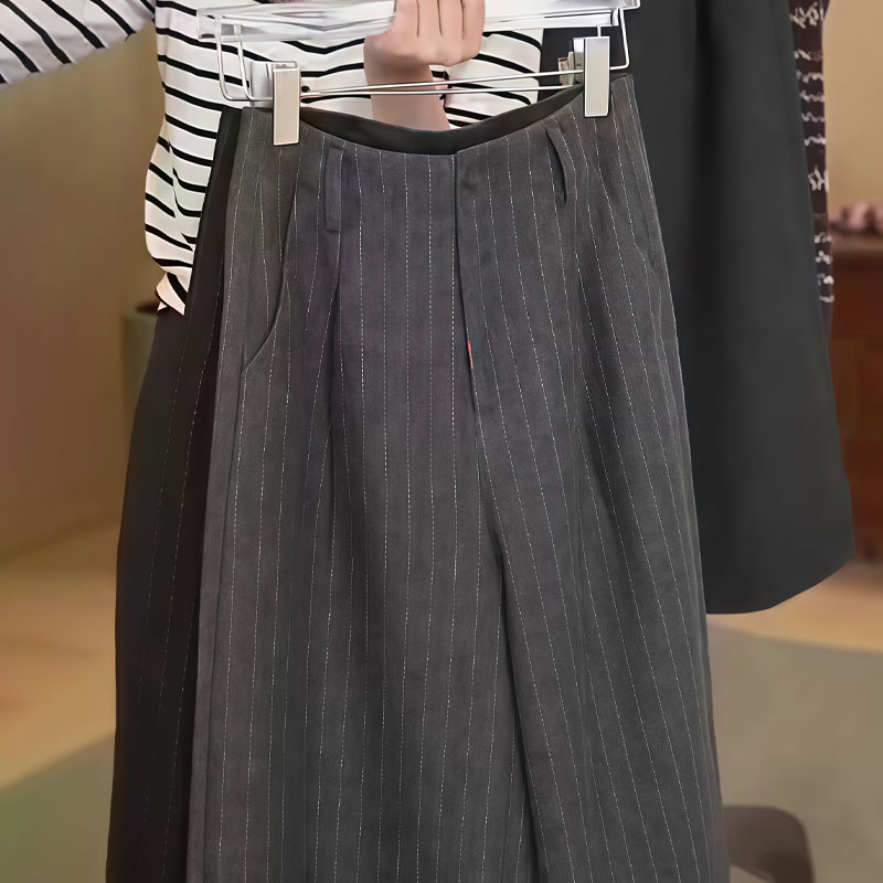 欧货高端定制灰色条纹大码阔腿裤