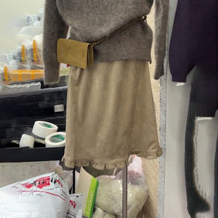 加厚花边毛呢A字裙 新款 欧货高端定制卡其色大码 半身裙女2025冬季