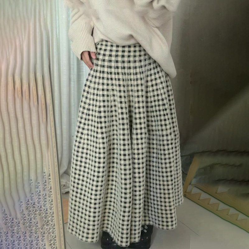 高端定制米灰色毛呢格纹半身裙女