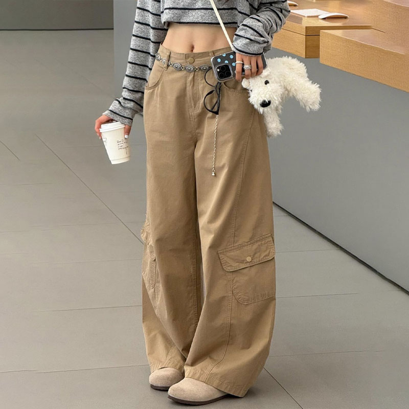 高端定制卡其色大码阔腿工装裤女