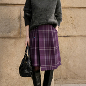 欧货高端定制暗紫色毛呢大码 半身裙女2026早春新款 细格纹A字裙子