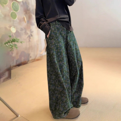 高端定制墨绿色印花大码棉麻裤女