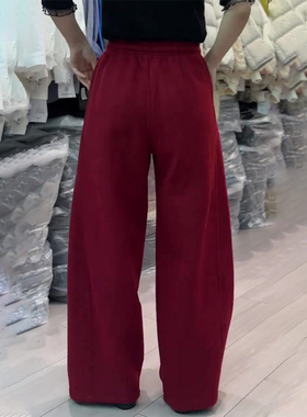 欧货高端定制红色毛呢大码阔腿裤女2026早春新款慵懒松弛感弯刀裤