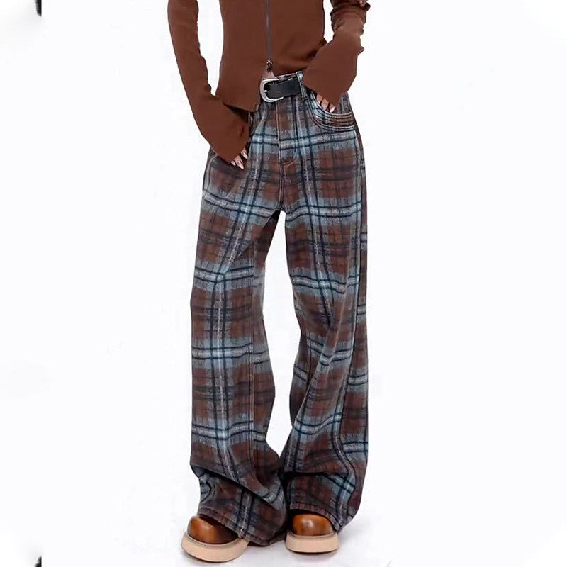 高端定制蓝棕色格纹大码阔腿裤女