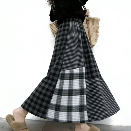 高端定制灰色毛呢大码格纹半身裙