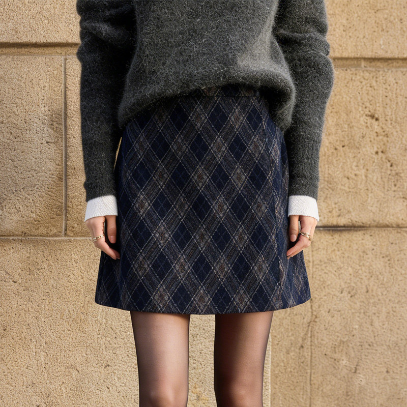 欧货高端定制藏青色毛呢大码半身裙女2026早春新款菱格纹A字裙子,女装/女士精品,大码半身裙,淘宝优惠券,粉丝福利购,淘宝优惠卷