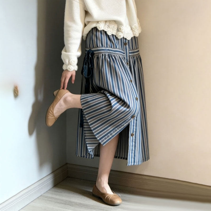 欧货高端定制蓝色条纹大码半身裙女2025冬季新款加厚蝴蝶结A字裙,女装/女士精品,大码半身裙,淘宝优惠券,粉丝福利购,淘宝优惠卷