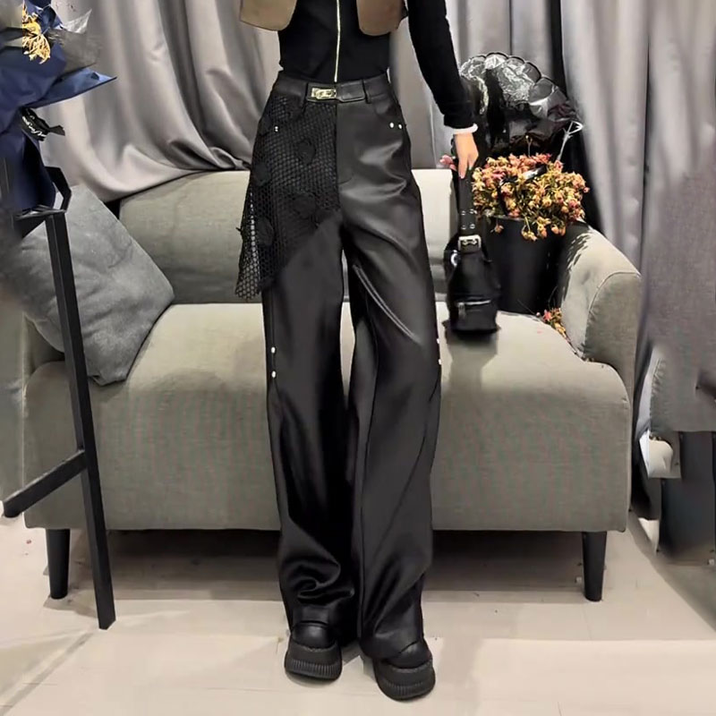 欧货高端定制黑色大码阔腿皮裤女