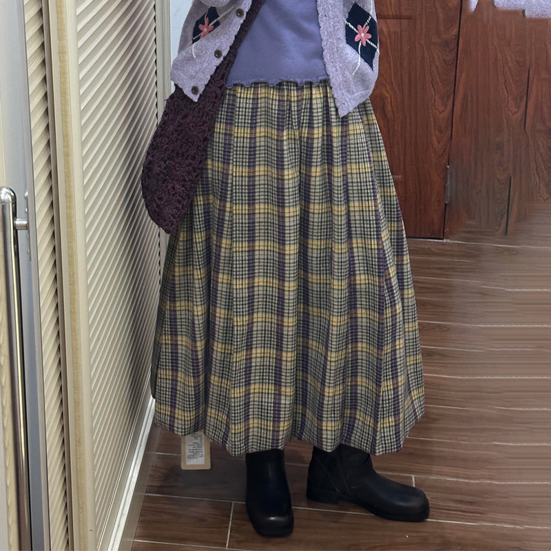 高端定制黄灰色格纹大码半身裙女