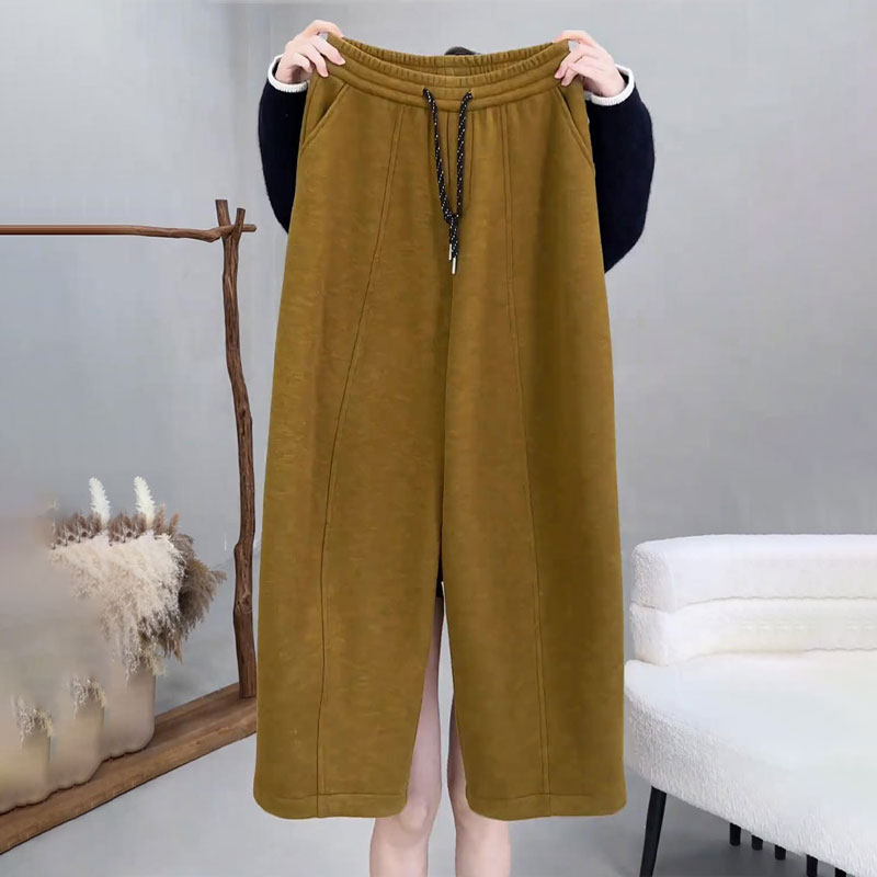 高端定制芥末黄毛呢大码阔腿裤女