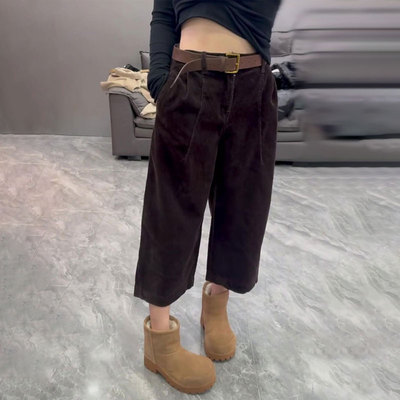 高端定制棕色灯芯绒大码阔腿裤女