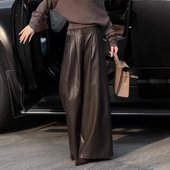阔腿pu皮裤 女2026春季 新款 欧货高端定制棕色大码 加厚轻熟风休闲裤